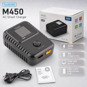 Зарядное устройство ToolkitRC M450 — AC 50W, 1 канал, 5A, LiPo/LiHV/LiFe 2–4S для аккумуляторов FPV-дронов и RC-моделей